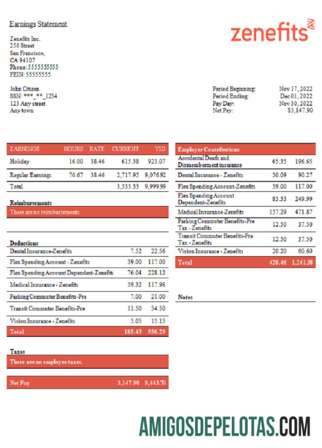 Recibo de pagamento da empresa de tecnologia Zenefits dos EUA baixar para verificação